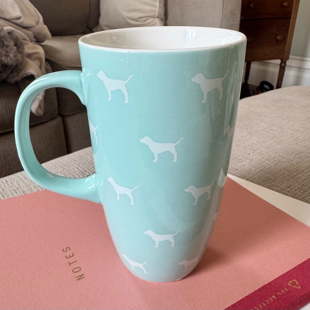 Pink Victoria’s Secret Tall Aqua & White Dog Print Coffee Latte Ceramic Mug